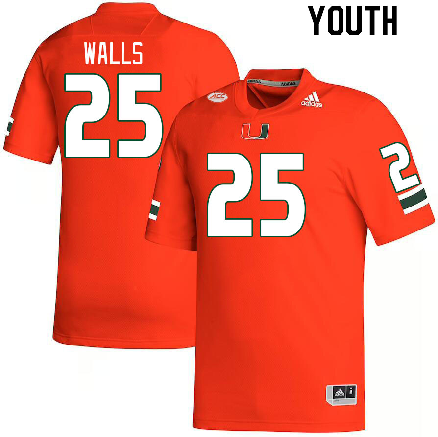 Youth #25 Jefferson Walls Miami Hurricanes College Football Jerseys Stitched-Orange